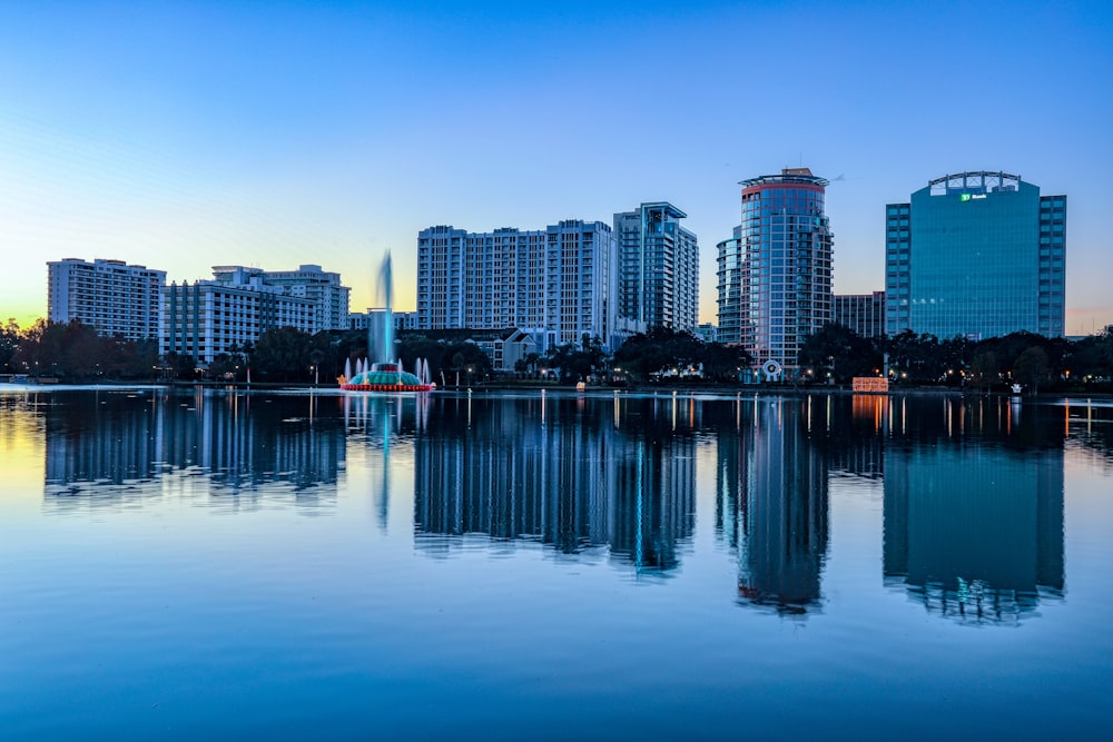 Downtown Orlando skyline and the fountain at Lake Eola Park