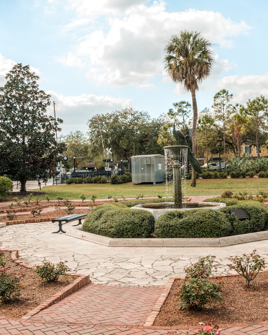 The rose garden and fountain in Winter Park's Central Park