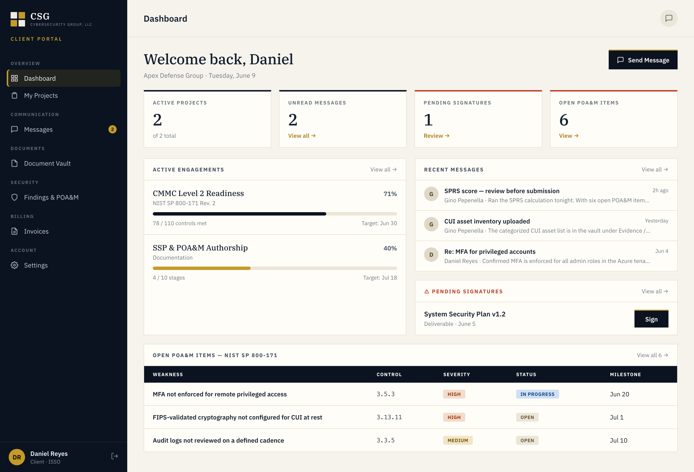 The CSG client portal showing a CMMC Level 2 engagement: control progress against NIST SP 800-171, open POA&M items by control, recent messages, and a System Security Plan ready to sign.