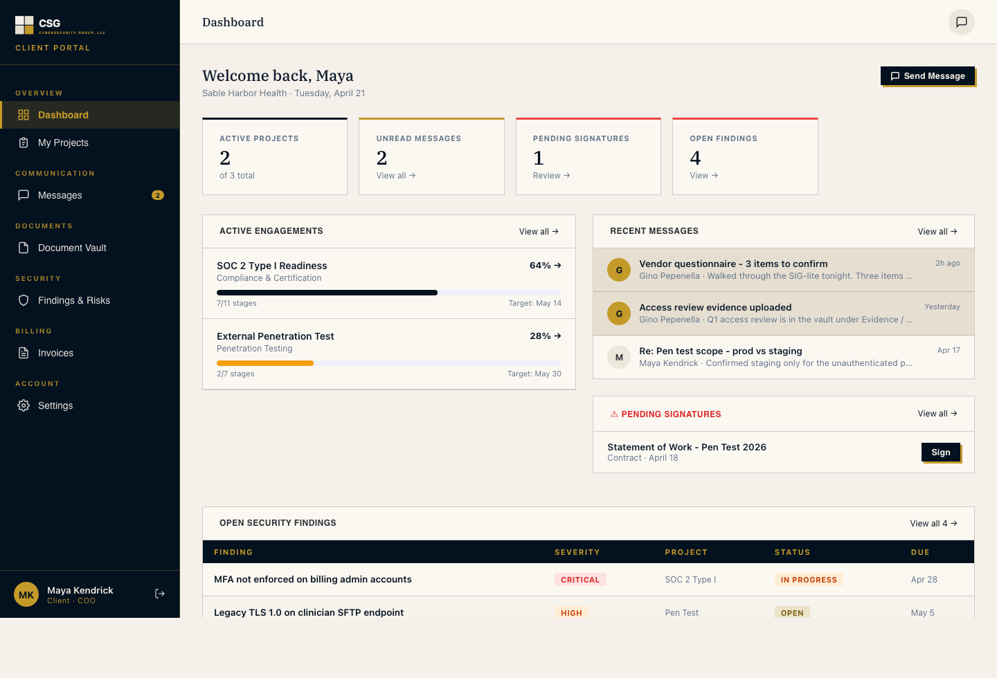 Screenshot of the CSG client portal dashboard showing active engagements, open security findings, recent messages, and pending signatures for a sample client.